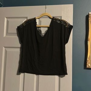 Black short sleeved T-shirt with lace detail. SHEIN. Large